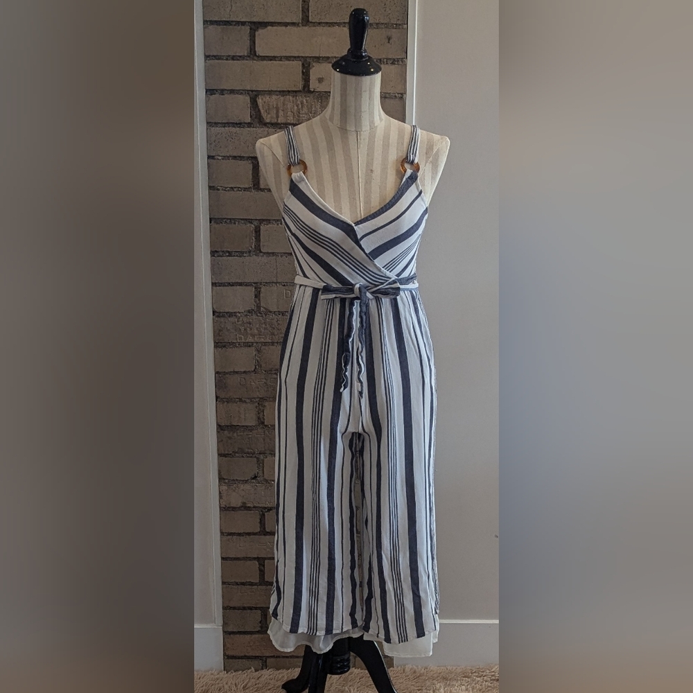AMERICAN EAGLE Blue and White Striped Jumpsuit